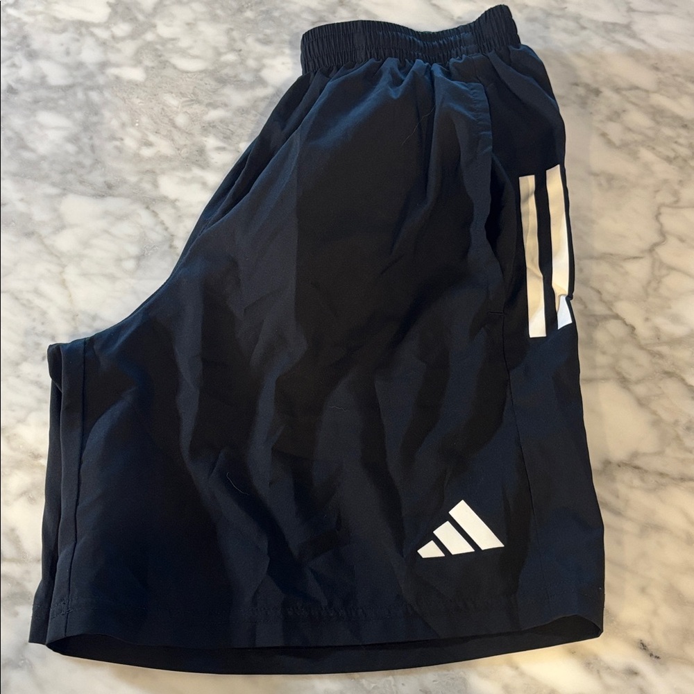 Adidas Black “own the run” Shorts with Silver Accents, small, 7”